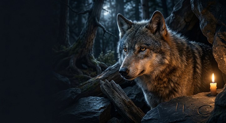 Wolfskopf vor leuchtenden Casino-Spielautomaten